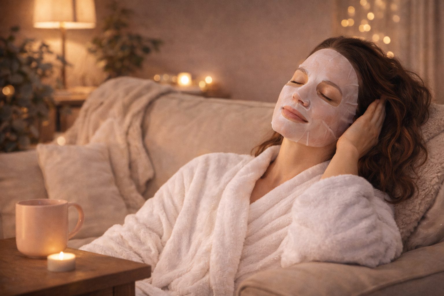 Evde rahatlayan kadın, yüzünde sheet mask ile